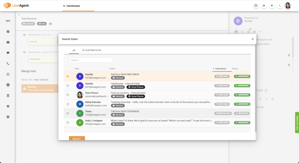 Seleziona ticket da unire