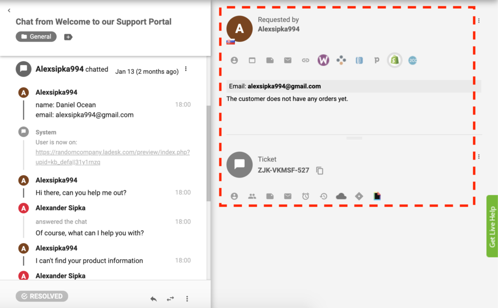 Plugin Shopify attivo in LiveAgent