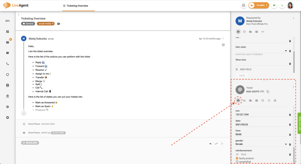 Campi ticket nella visualizzazione ticket