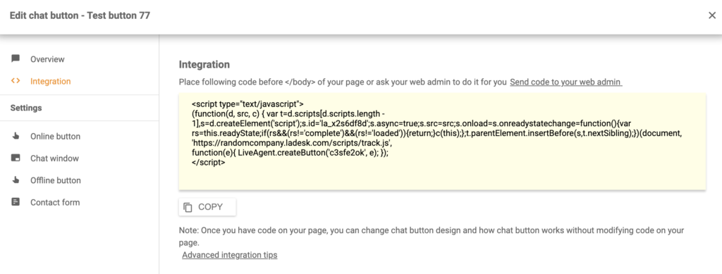 Codice di integrazione Shift4shop LiveAgent