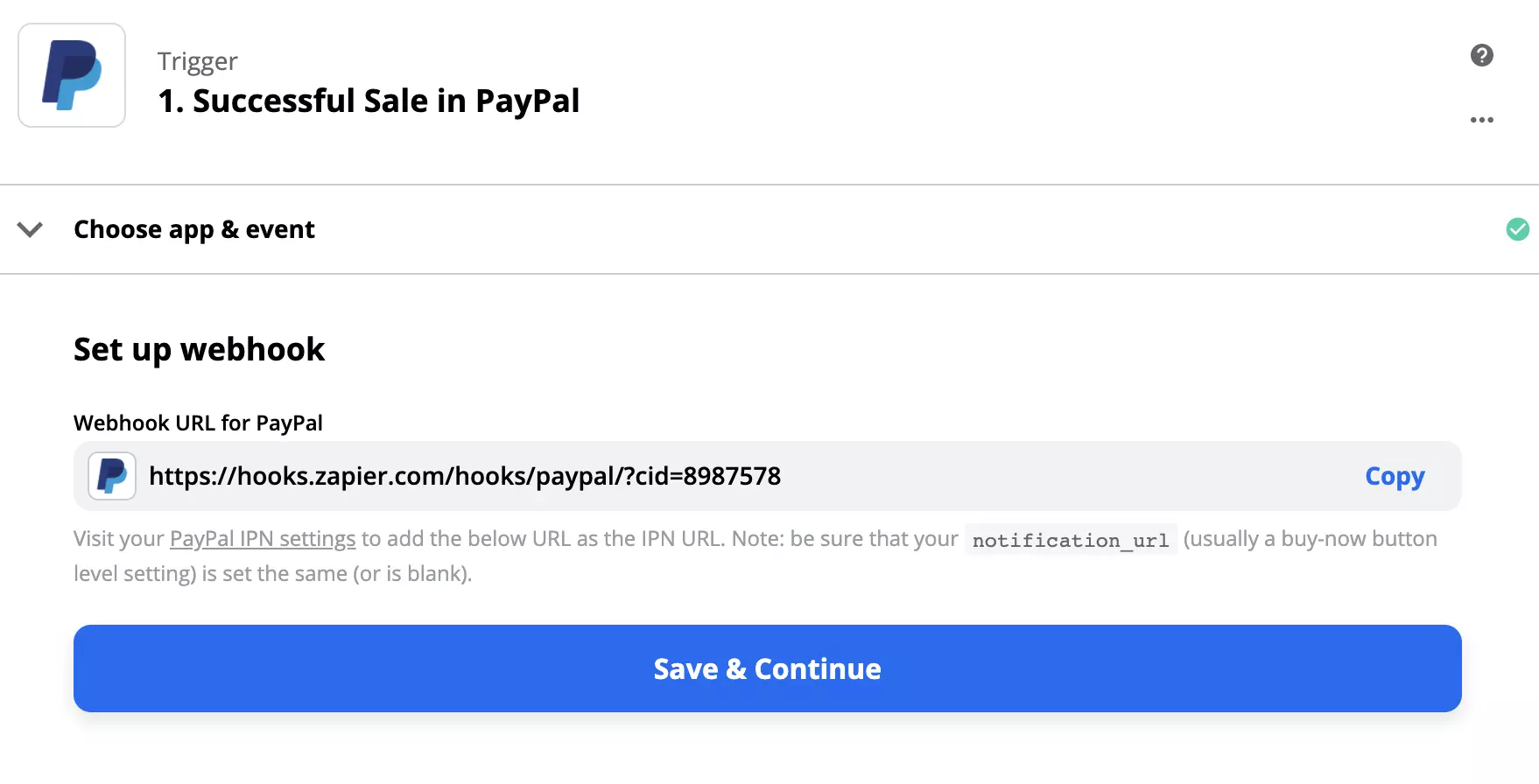 PayPal trigger configuration with a webhook setup