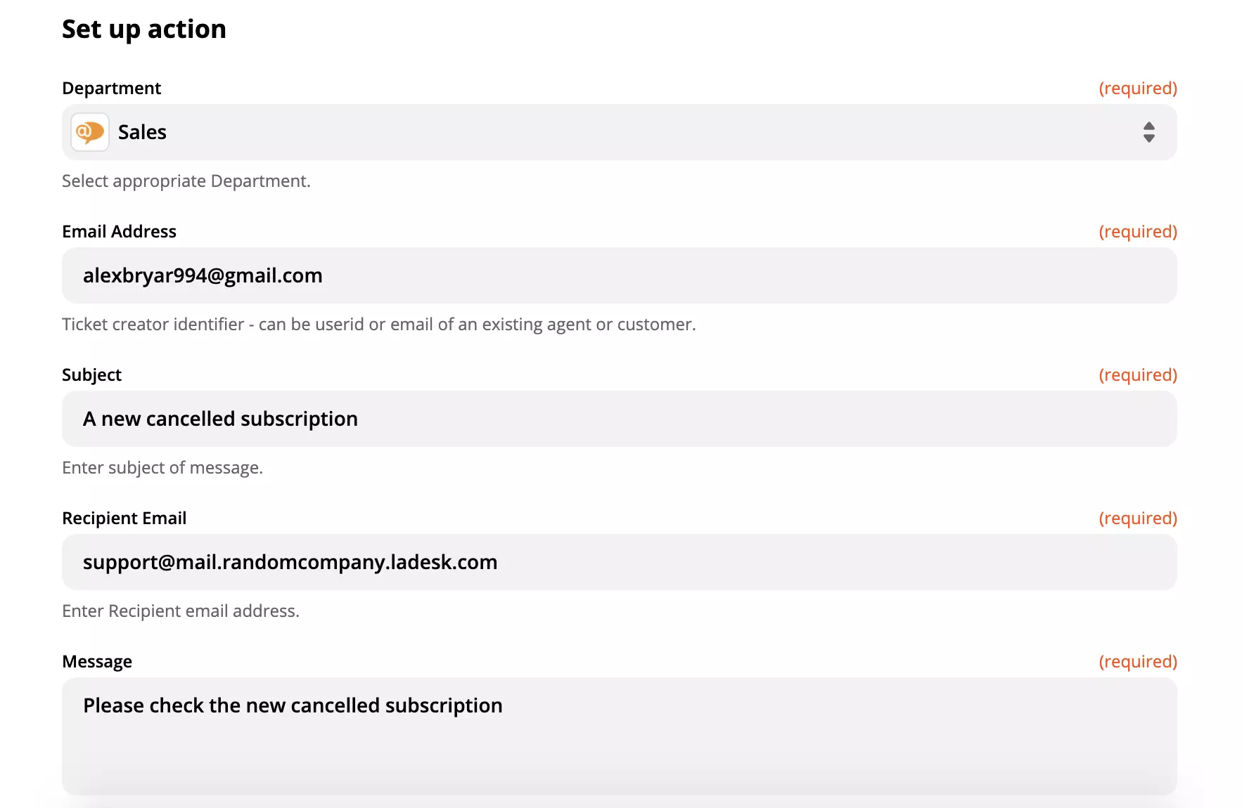 Un esempio di configurazione di un'azione LiveAgent