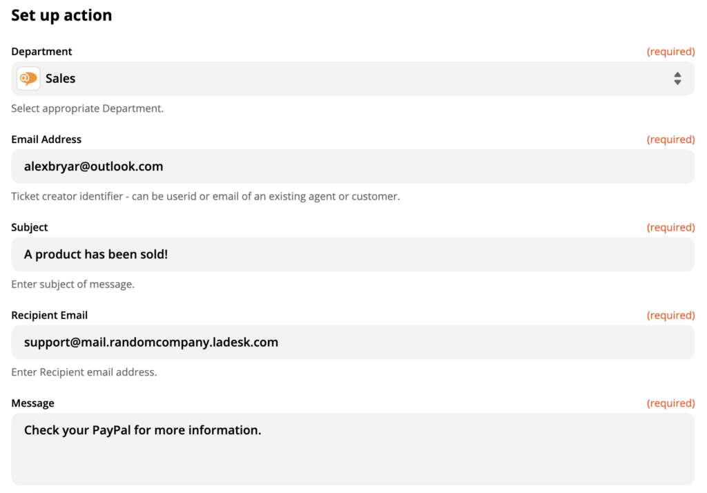 A setup of LiveAgent action Create new conversation