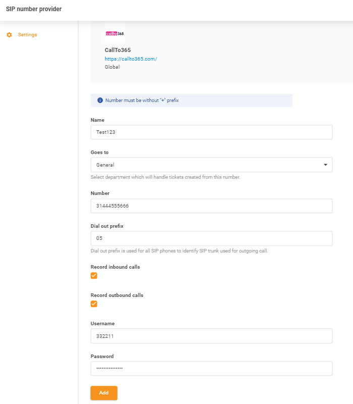 Inserimento credenziali CallTo365