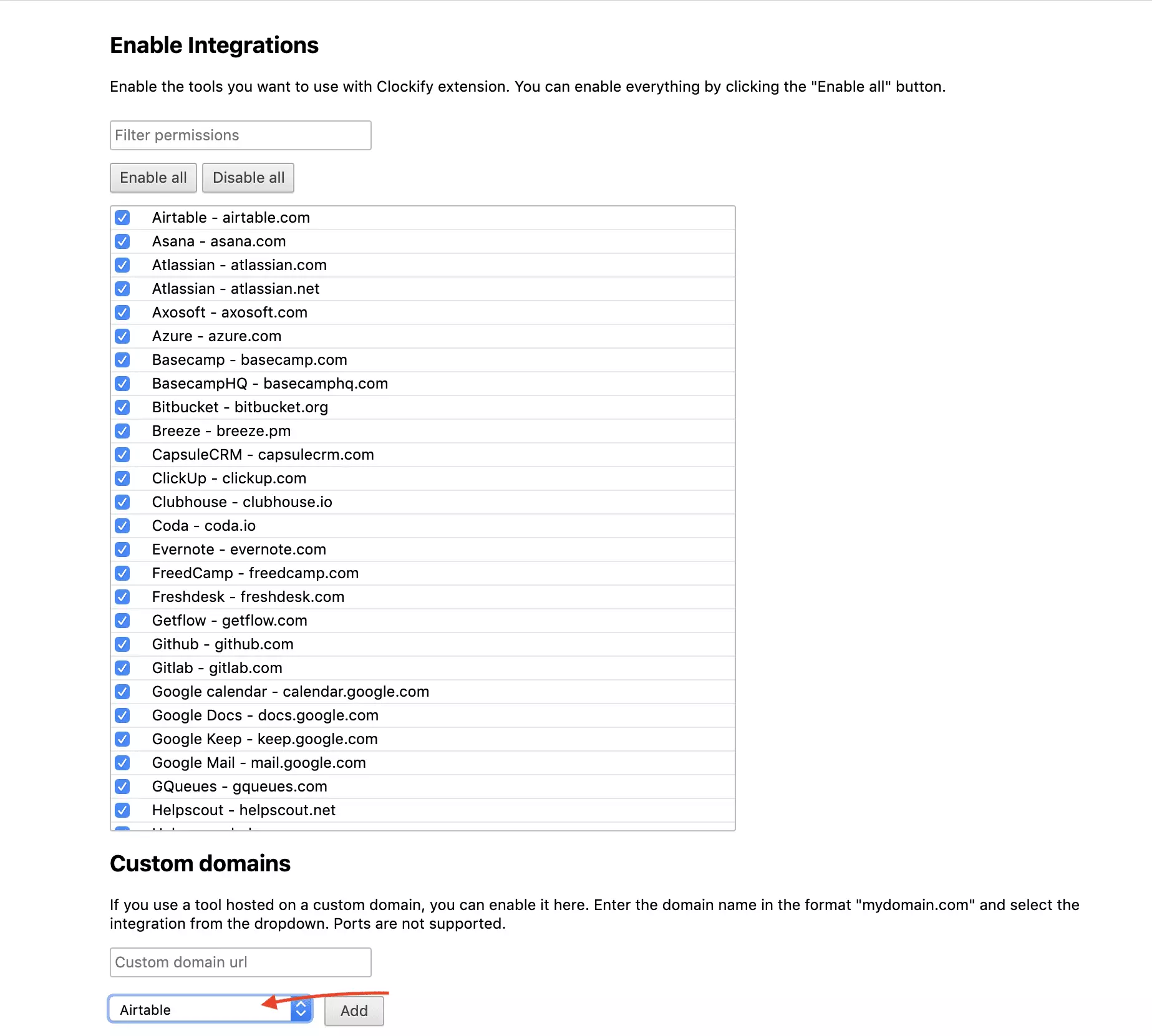 Selezione integrazione Clockify