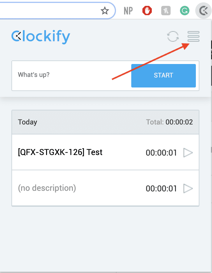 Opzioni estensione Clockify