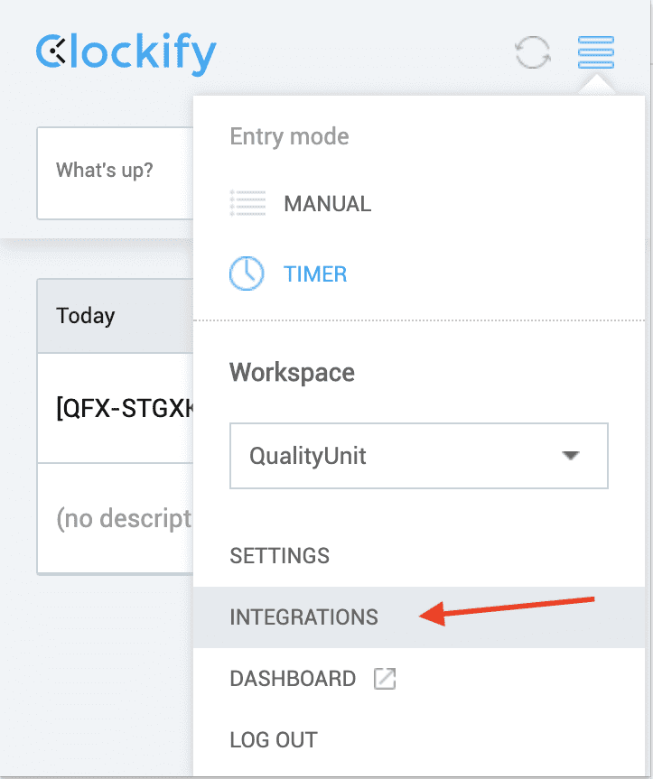 Menu integrazioni Clockify