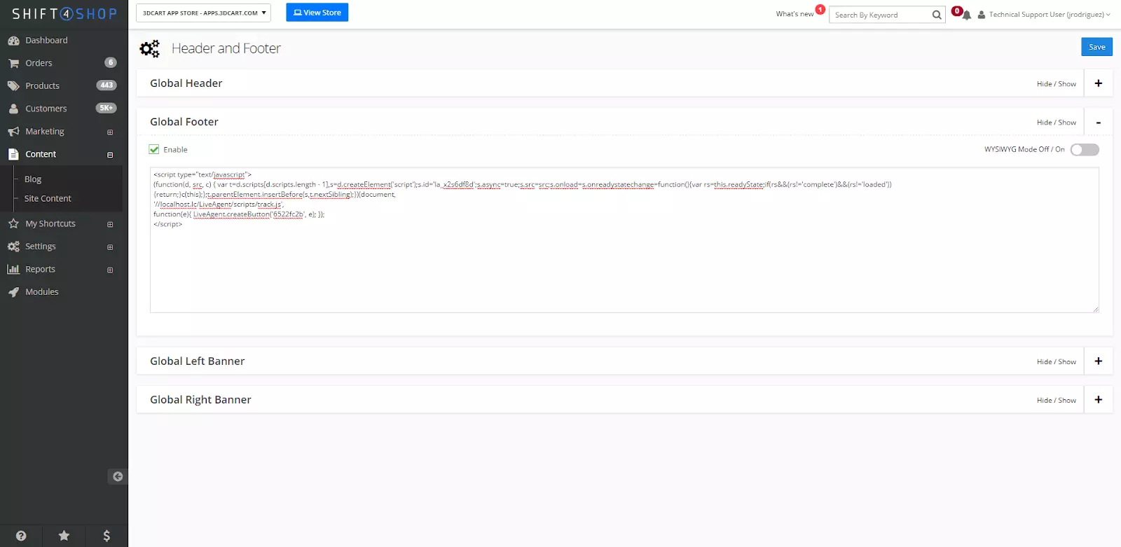 Impostazioni Shift4Shop con opzione di personalizzazione del codice