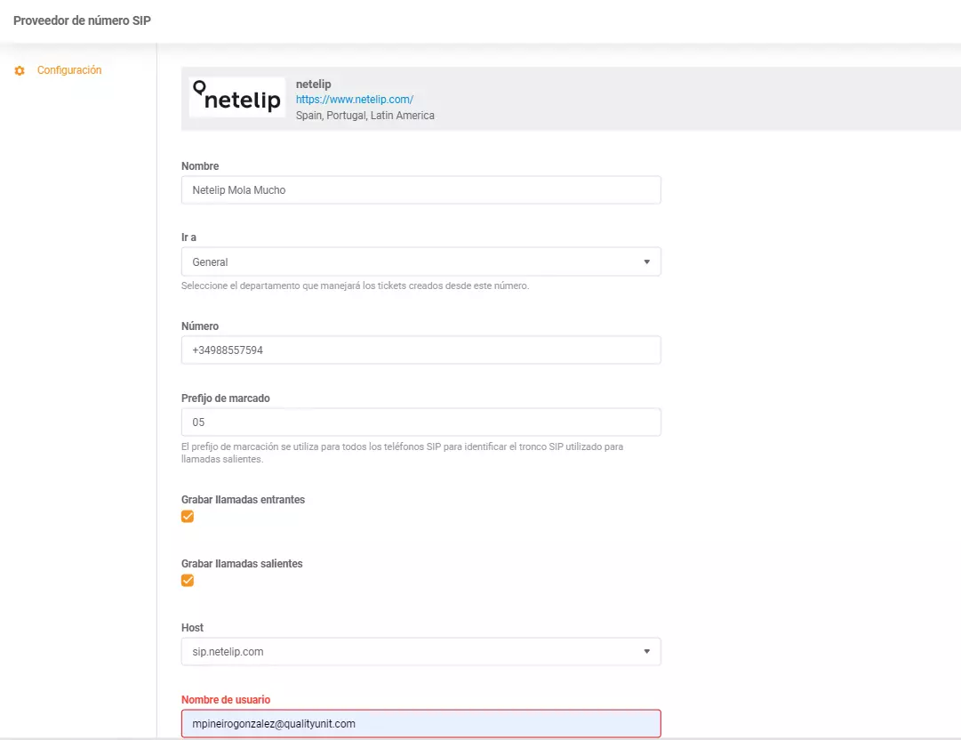 Credenziali di integrazione Netelip LiveAgent