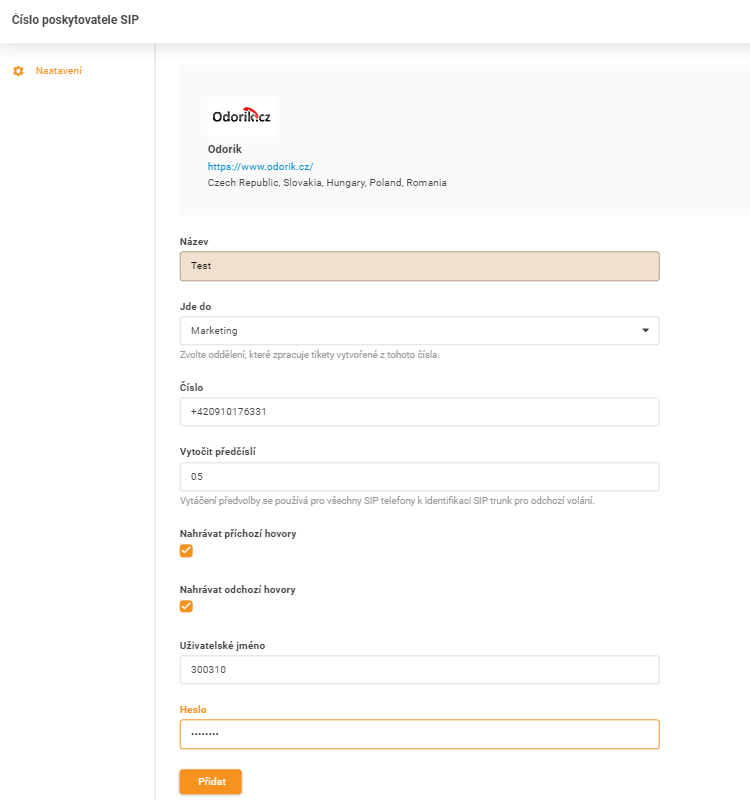 Credenziali Odorik.cz