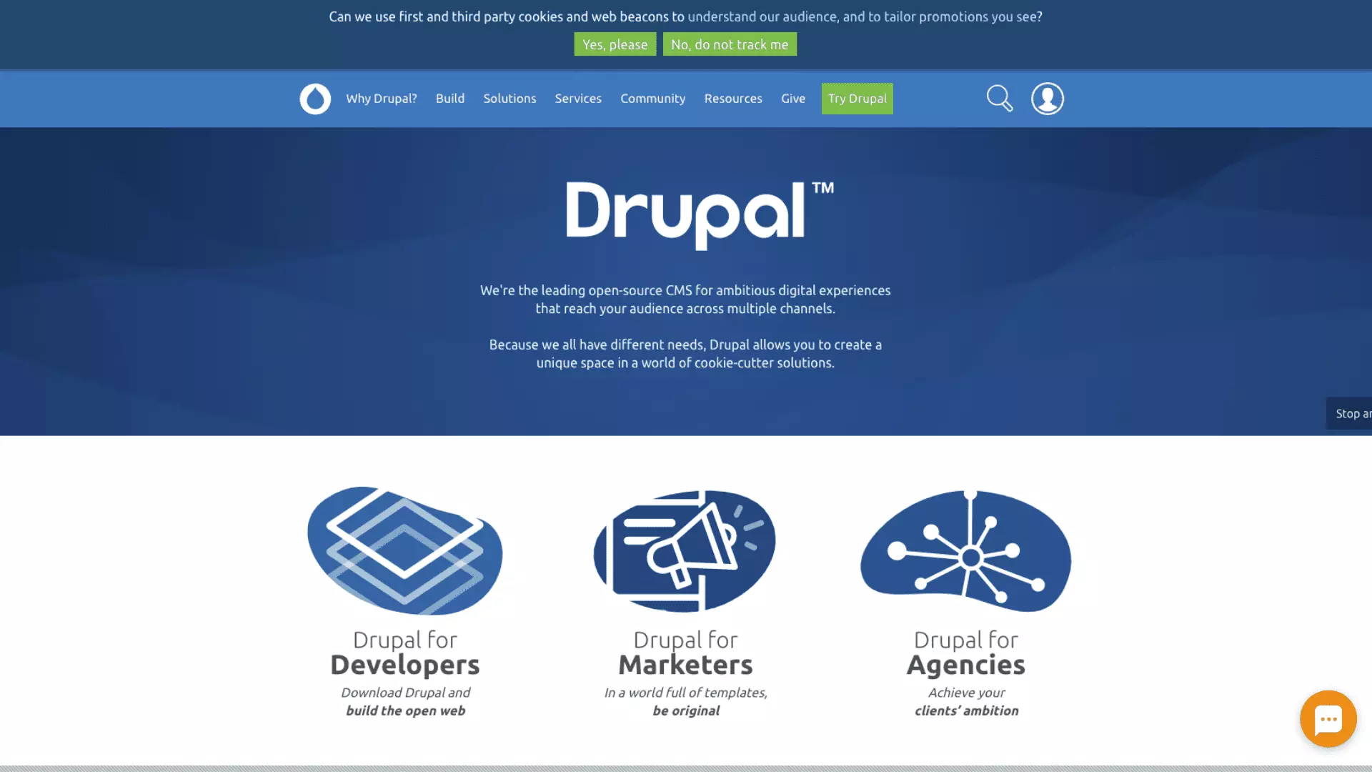 Pulsante live chat di LiveAgent sulla home page di Drupal.