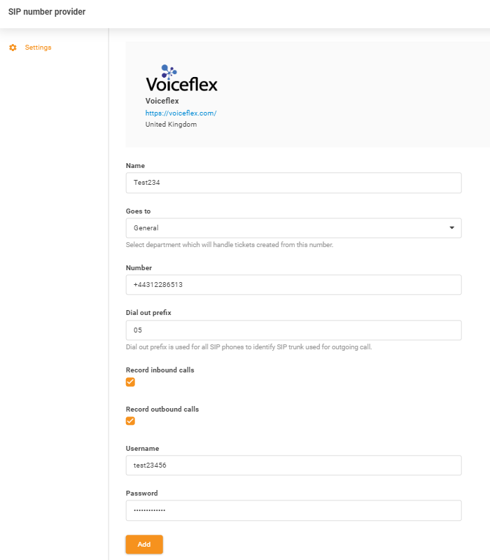 Input delle credenziali Voiceflex