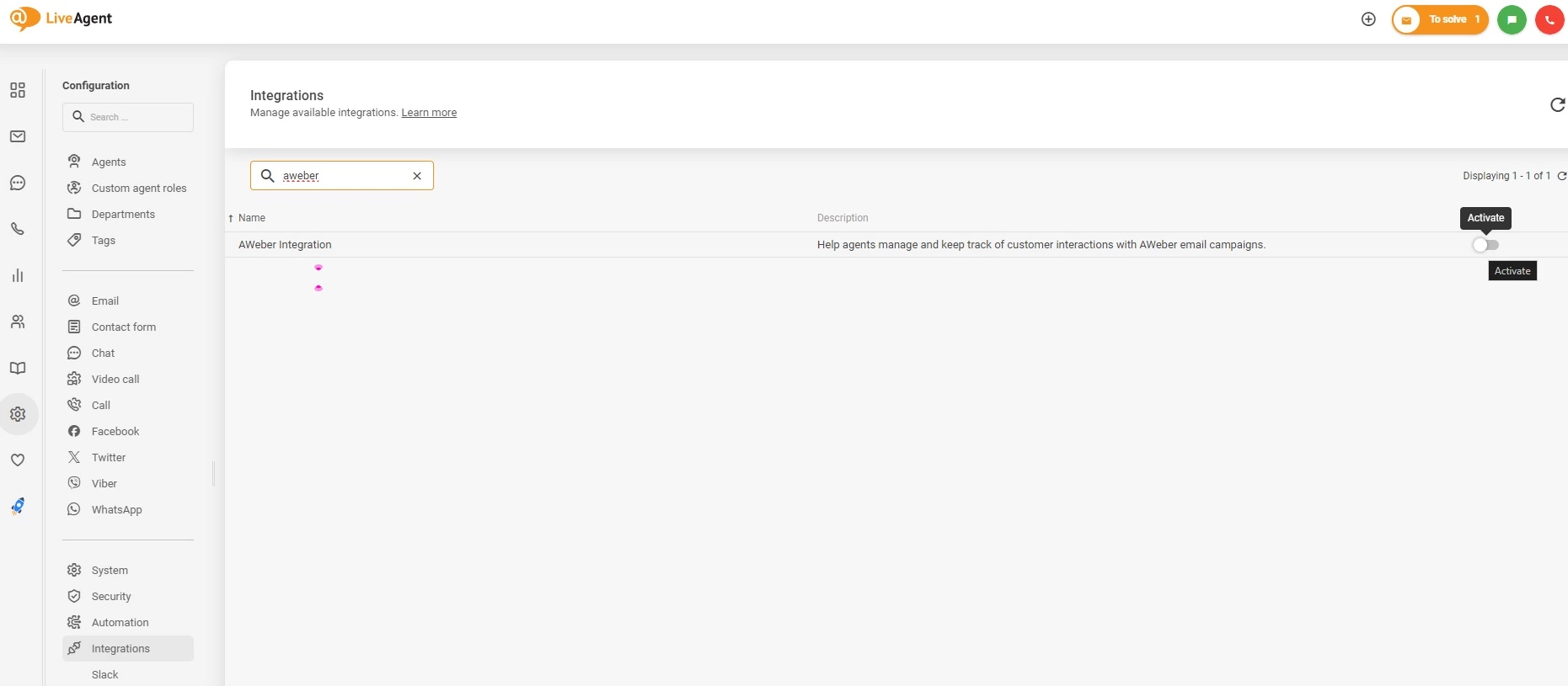 Attiva l'integrazione AWeber in LiveAgent