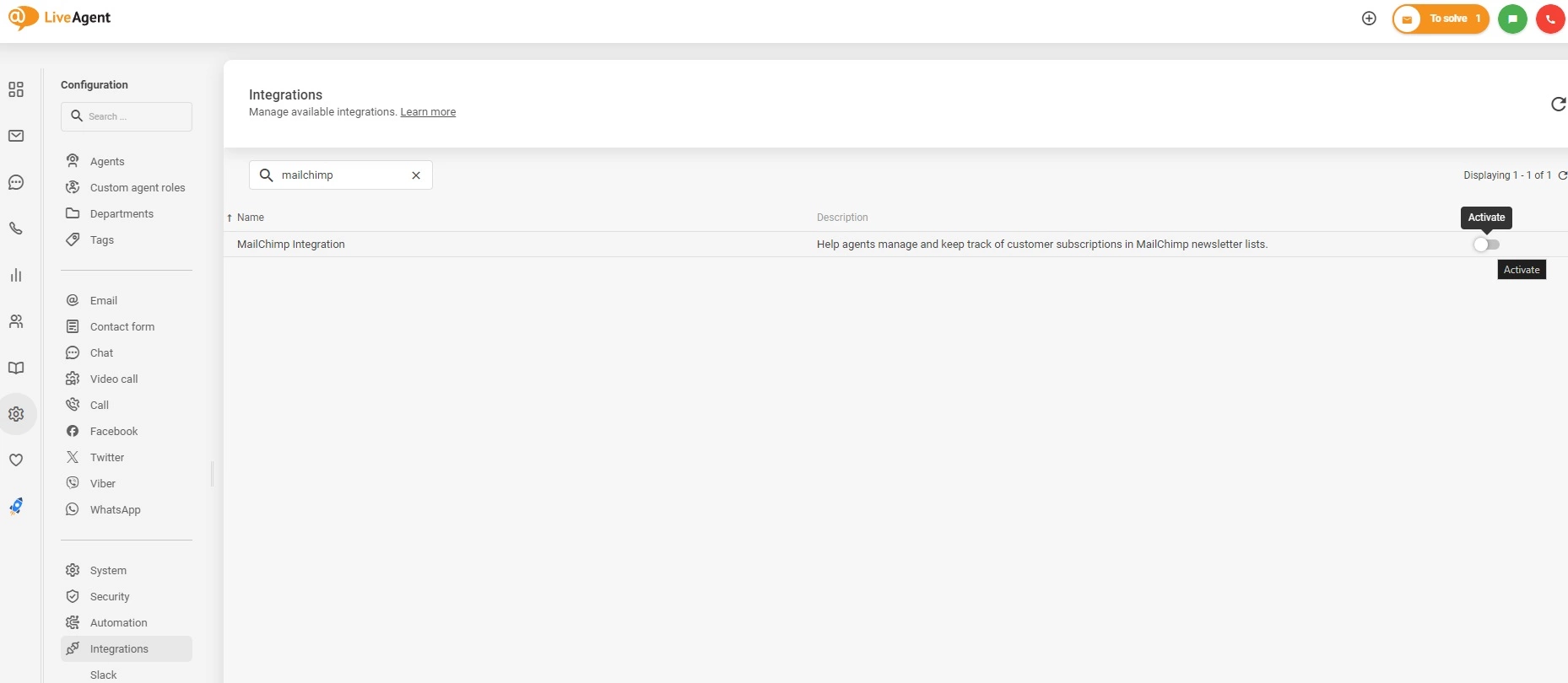 Attiva l'integrazione Mailchimp in LiveAgent