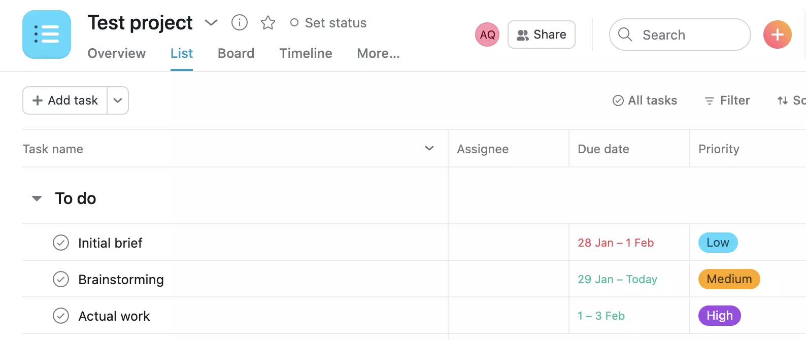 Esempio di progetto Asana