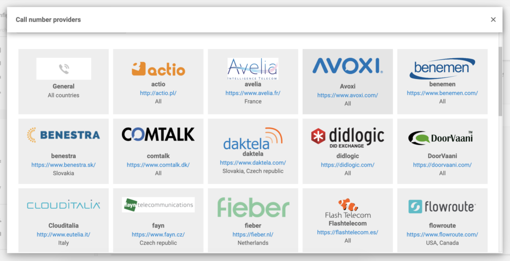 Avoxi nell'elenco dei provider VoIP nella configurazione di LiveAgent