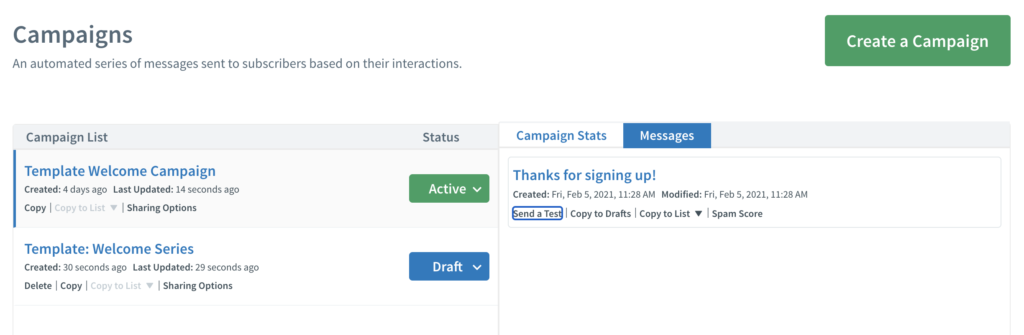 Anteprima delle campagne AWeber