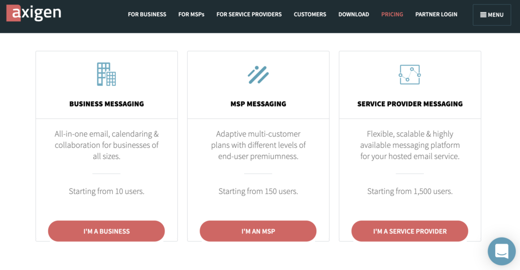 Sito web di Axigen con piani tariffari