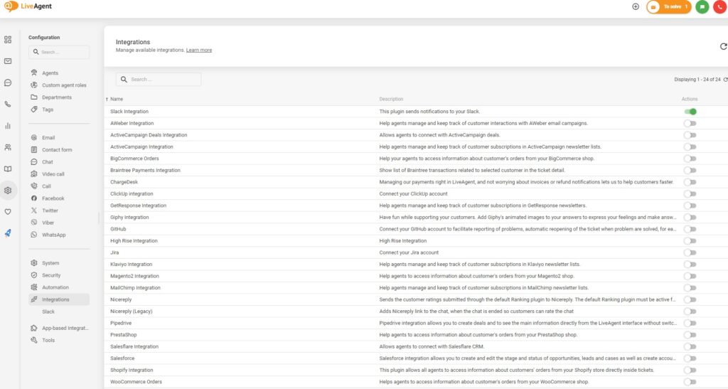 Attiva le integrazioni in LiveAgent