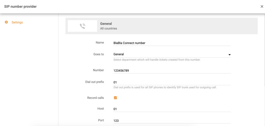 Configurazione dell'integrazione di BlaBla Connect nella configurazione delle chiamate di LiveAgent