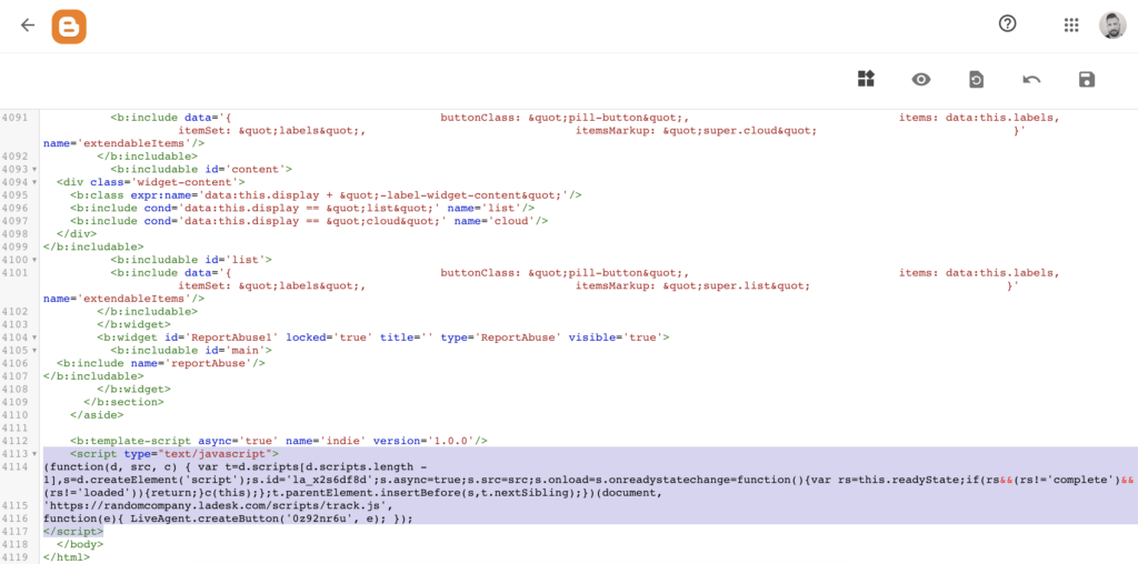 Codice Blogger con codice del pulsante di chat inserito