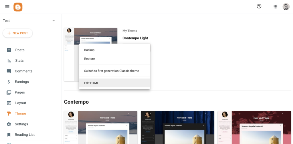 Opzione Modifica HTML nelle impostazioni del Tema di Blogger