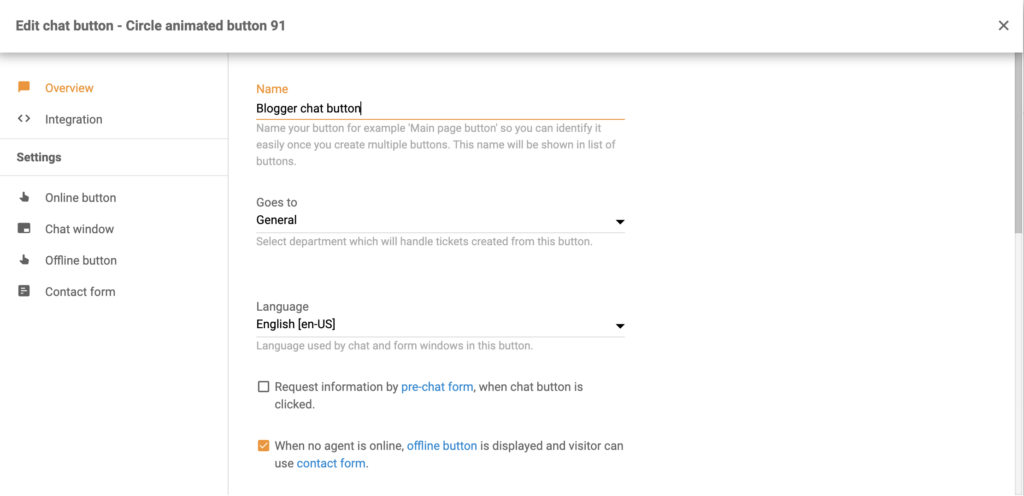 Configurazione del pulsante di chat di LiveAgent con più opzioni