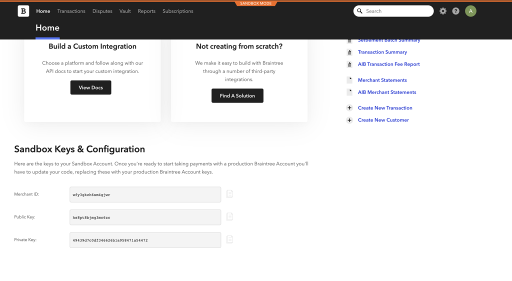 Chiavi e configurazione in Braintree