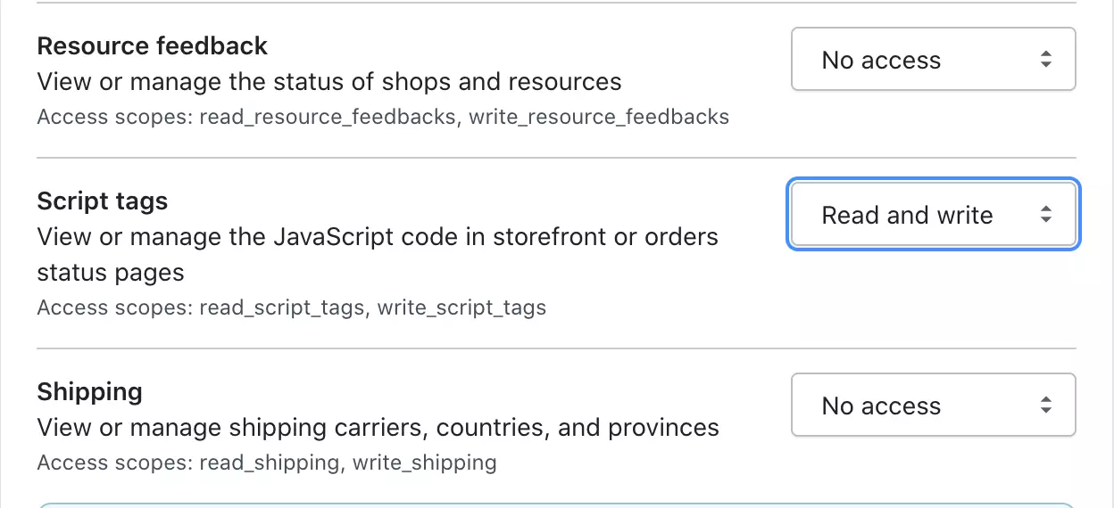 Cambia le autorizzazioni dei tag di script a Lettura e scrittura in Shopify