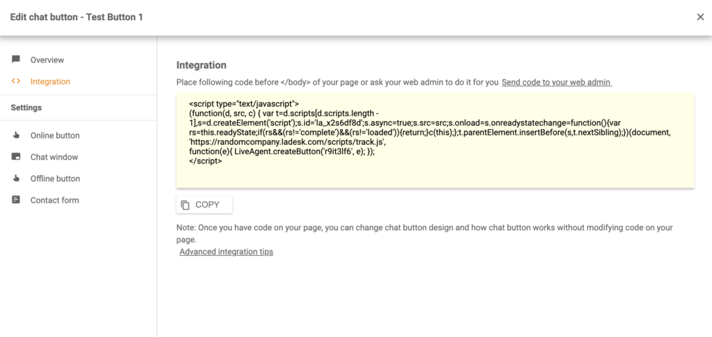 Codice pulsante chat generato in LiveAgent