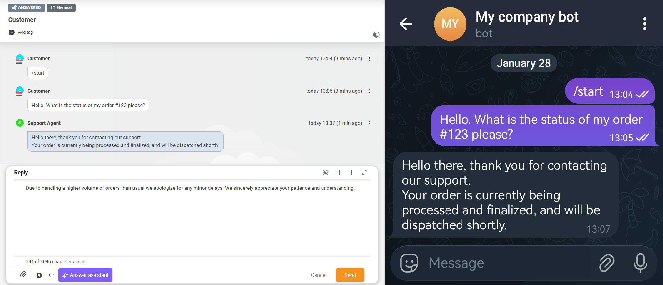 interfaccia del bot Telegram aziendale