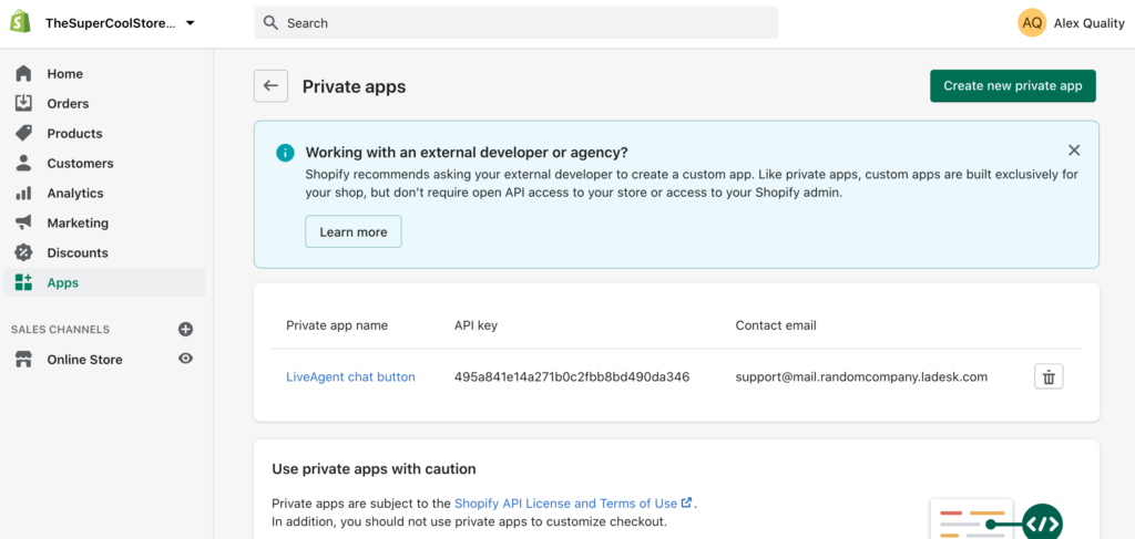 Crea una nuova app privata in Shopify per creare un'integrazione con LiveAgent