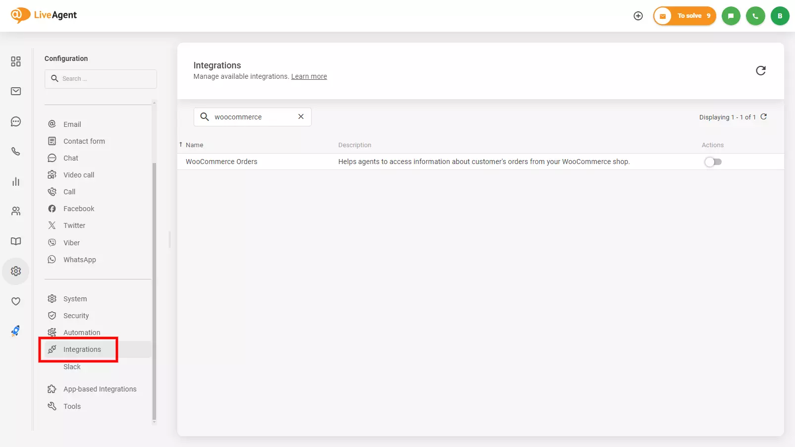 Immagine che mostra dove trovare l'integrazione Woocommerce in LiveAgent