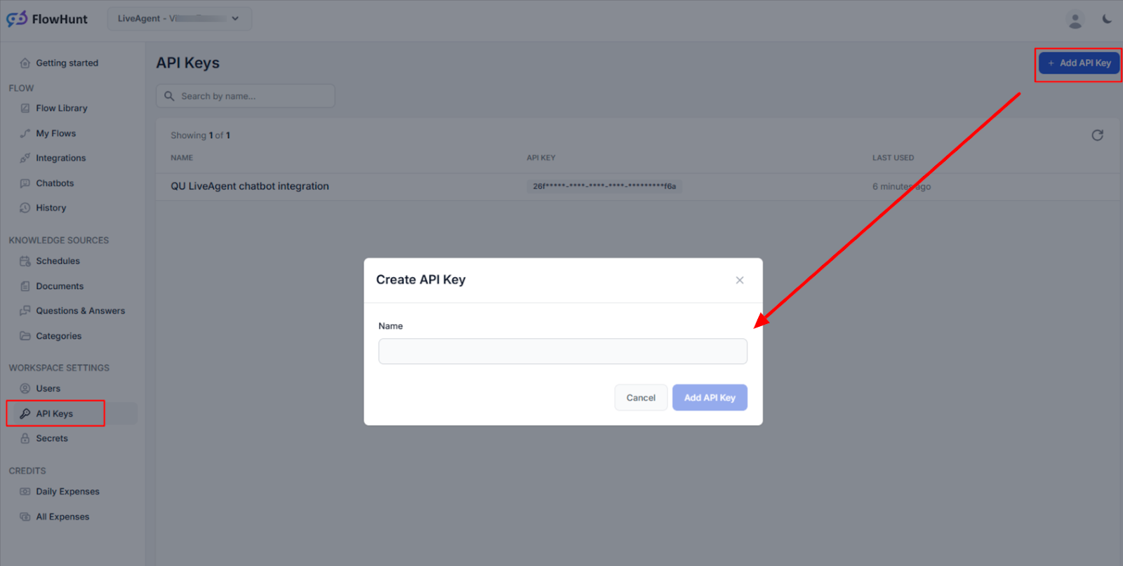 Creazione di una chiave API per l'integrazione del workspace FlowHunt con LiveAgent