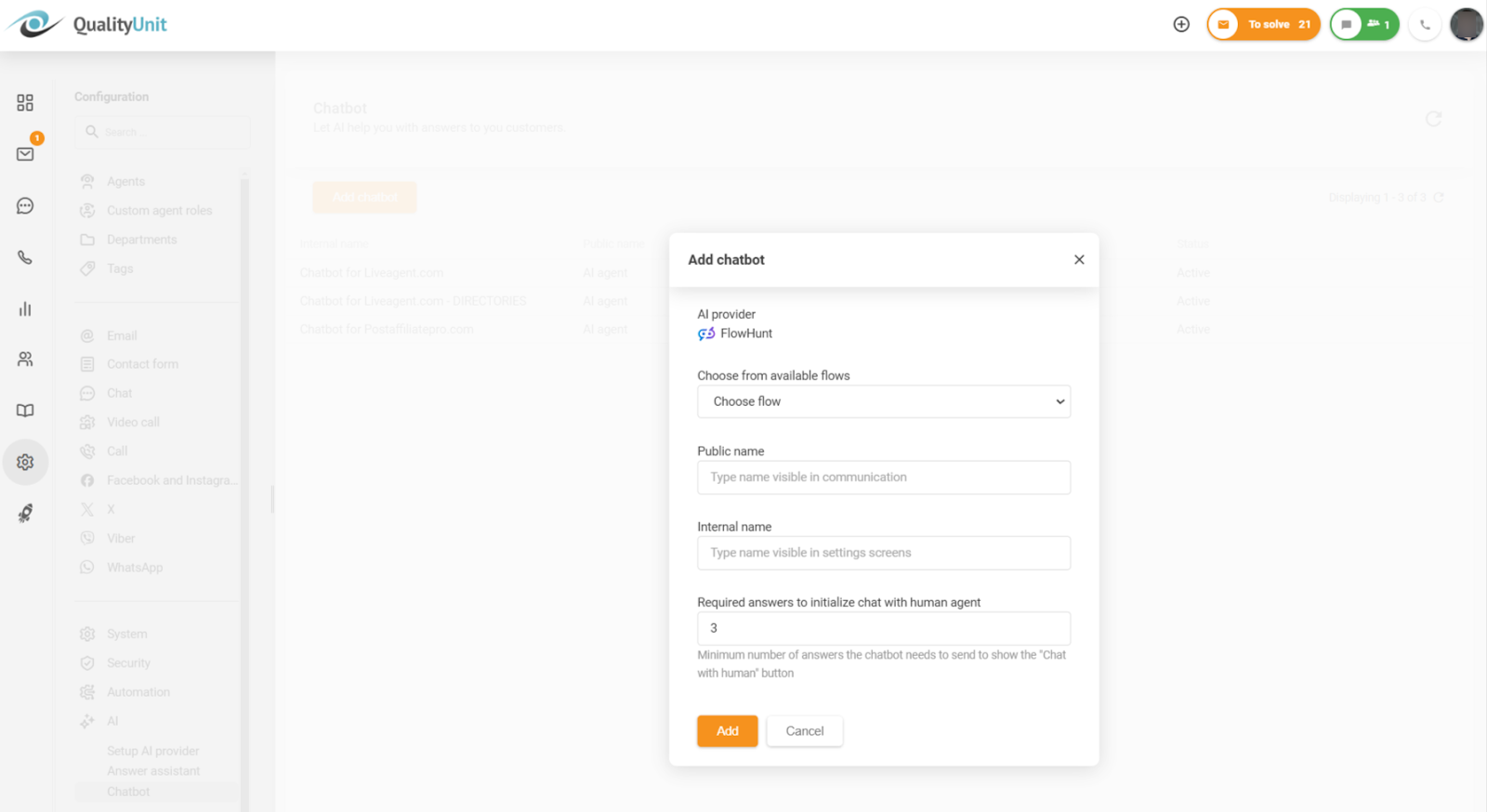 Configurazione del numero minimo di risposte richieste prima di abilitare l'opzione per chattare con un umano
