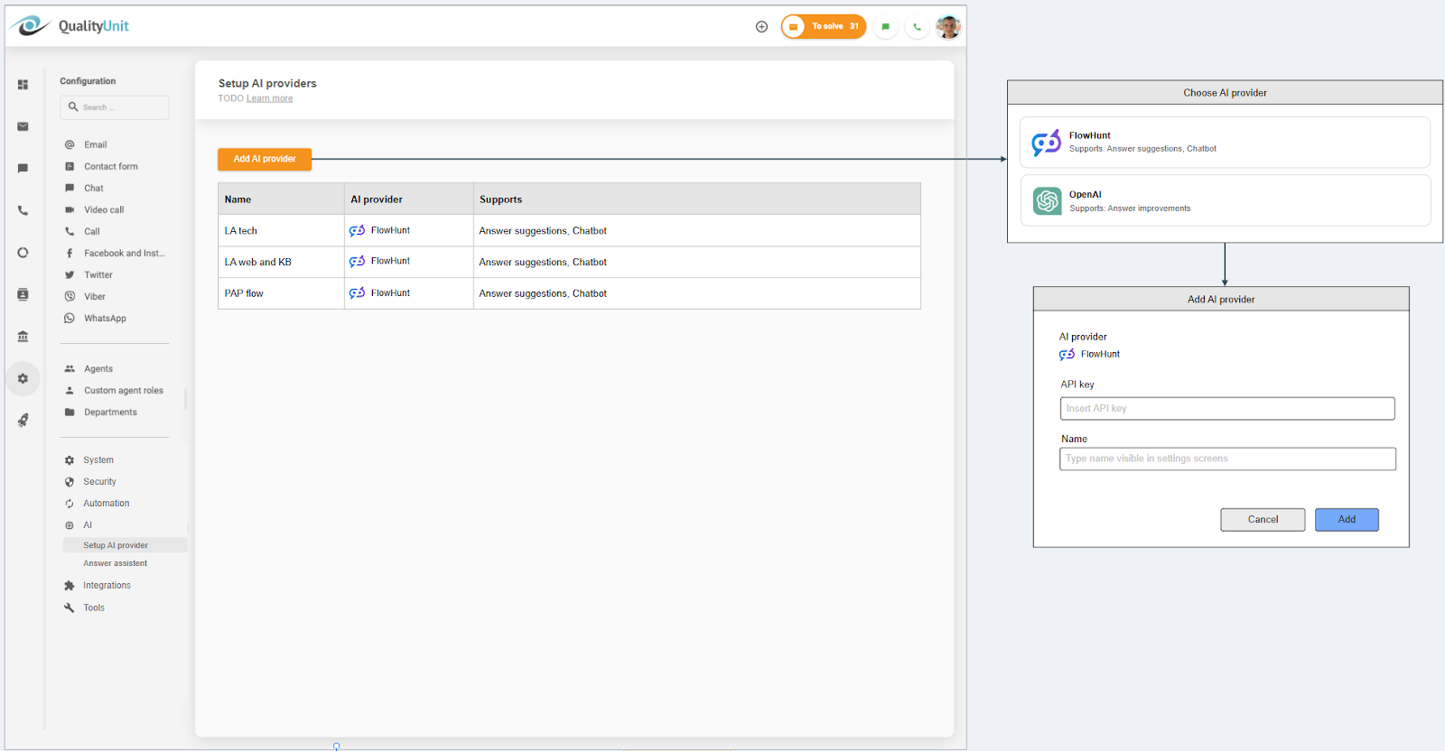 Connessione del provider IA LiveAgent