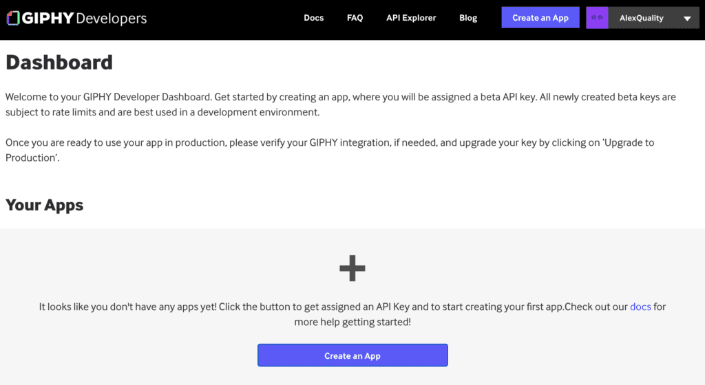 Dashboard Giphy con opzione di creazione dell'app per generare una chiave API