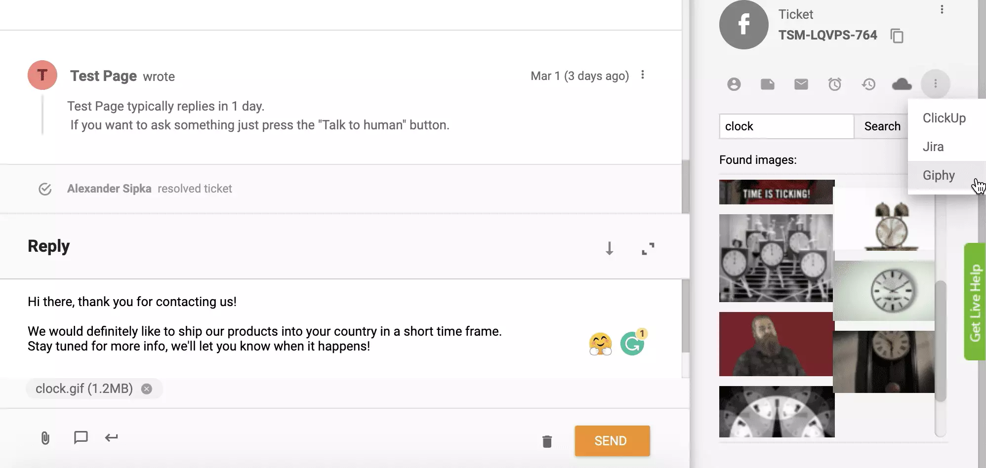Integrazione Giphy attivata e funzionante nel sistema di ticketing di LiveAgent
