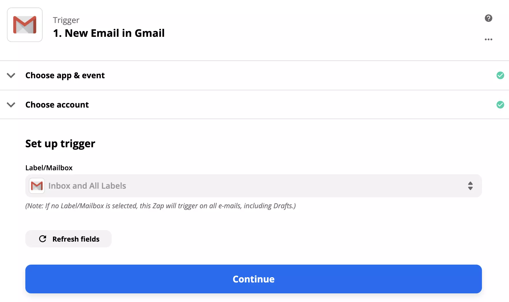 Configurazione trigger Gmail in Zapier