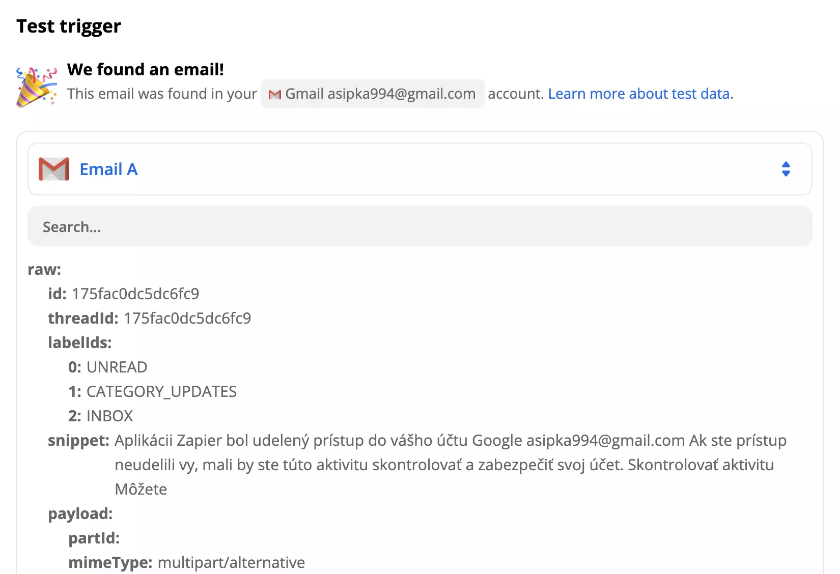 Esempio di test trigger Gmail