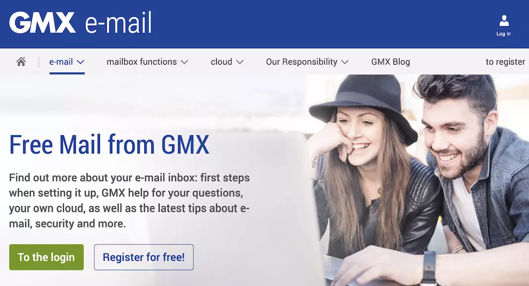 GMX homepage with registration and login