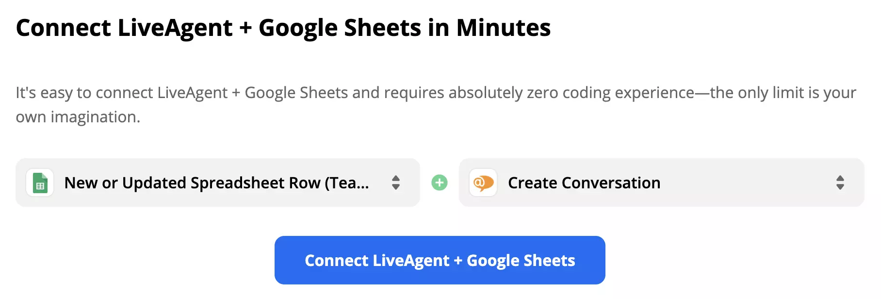 Trigger di Google Sheets selezionato e azione LiveAgent