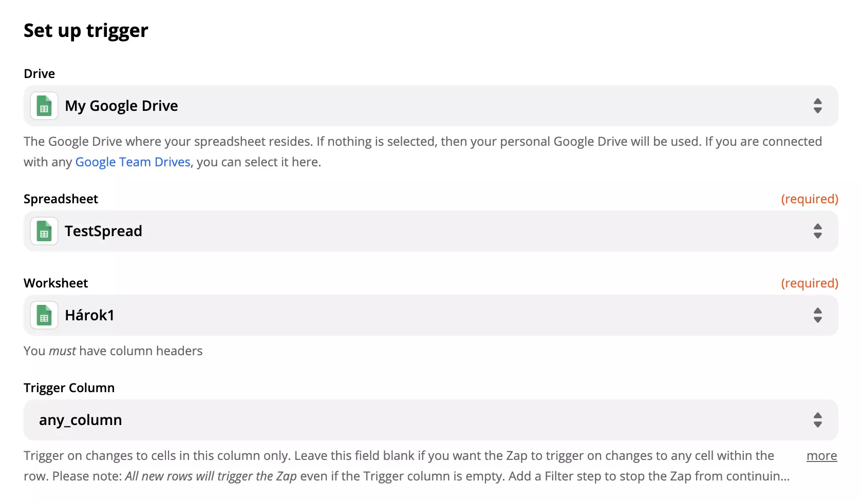 Opzioni e campi di configurazione del trigger Google Sheets