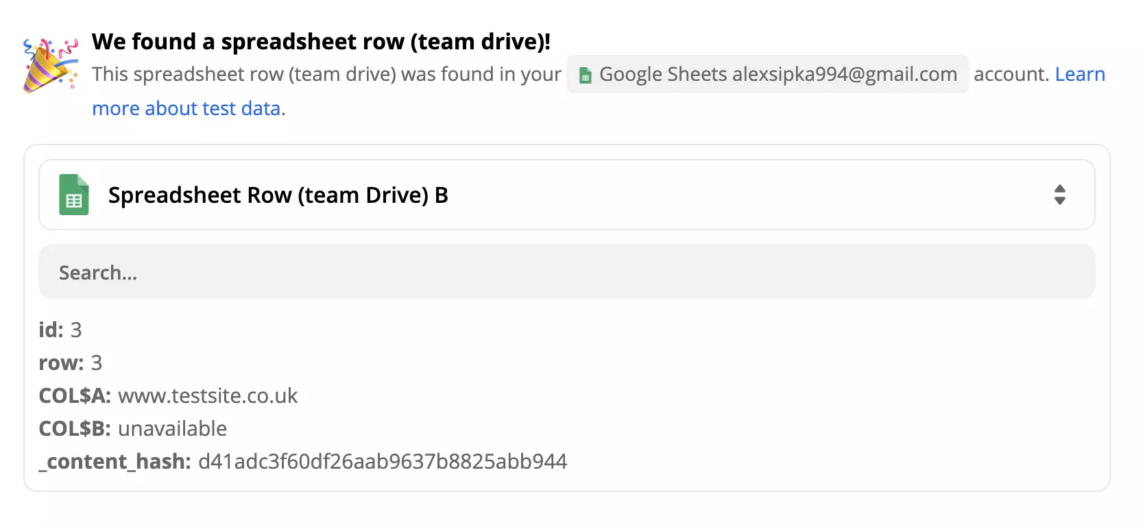 Test riuscito di un trigger Google Sheets