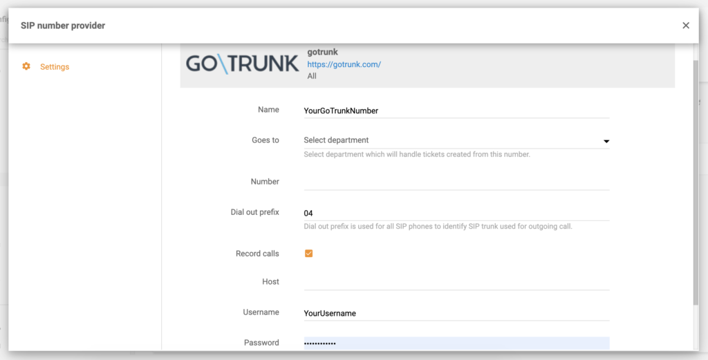 Configurazione finale di GoTrunk in LiveAgent