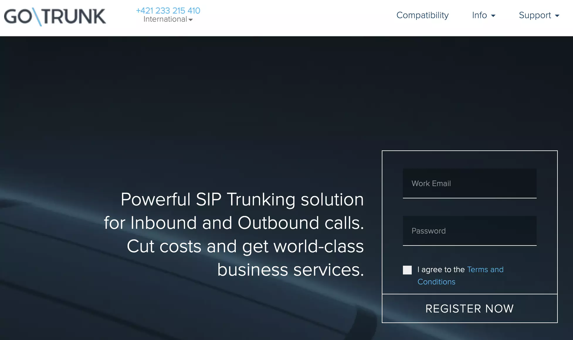 Pagina di registrazione GoTrunk