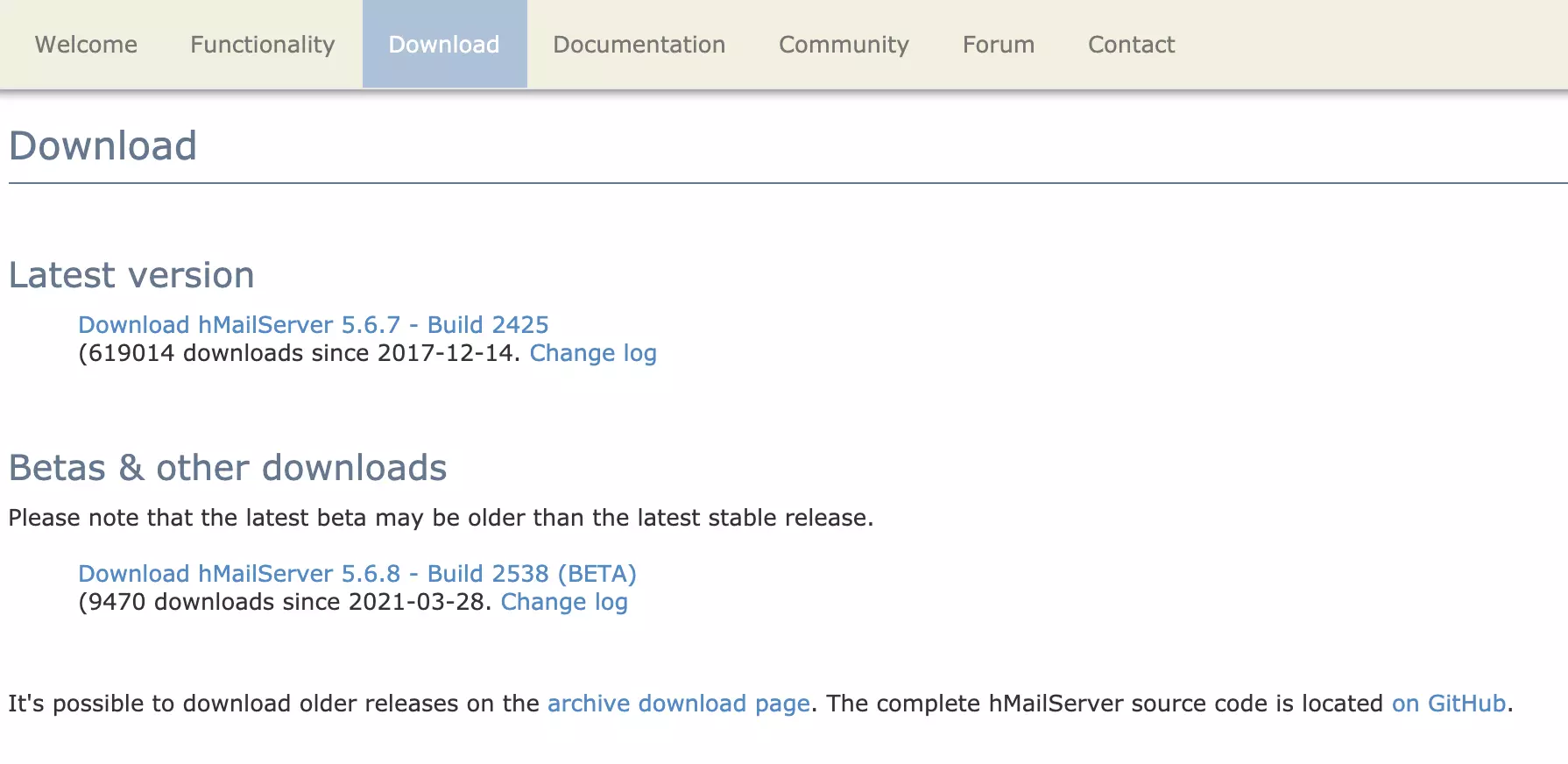 Pagina di download di HMailServer