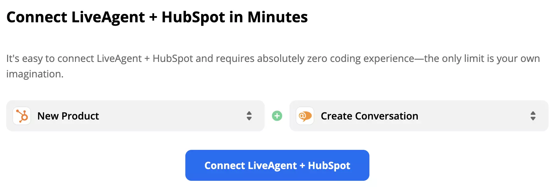 Un trigger Nuovo Prodotto in HubSpot attiva un'azione Crea Conversazione in LiveAgent