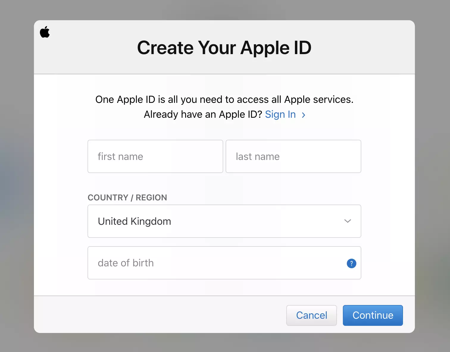 Modulo di registrazione dell'account iCloud