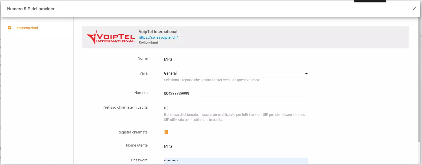 Inserisci le credenziali di VoipTel International in LiveAgent